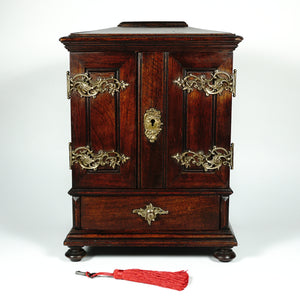 Antique Victorian Wood Cigar Cabinet, Table Top Display Presenter Box, Double Door, Drawer & Hidden Match Striker