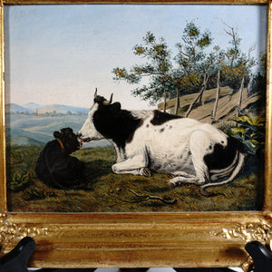Victorian Oil Painting of a Cow & Calf, Dated 1854, Pastoral Farm Scene