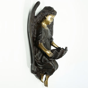 French Bronze Angel Wall Plaque Holy Water Font Stoup, Signed Dumaige 1838