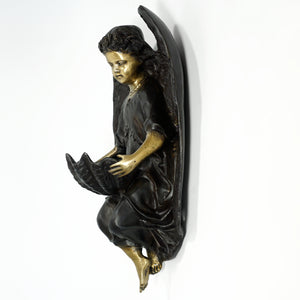 French Bronze Angel Wall Plaque Holy Water Font Stoup, Signed Dumaige 1838