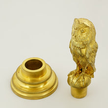 Load image into Gallery viewer, Antique French Gilt Bronze Owl Wax Seal Desk Stamp, with Stand Holder, Signed &amp; Dated 1909
