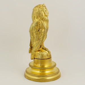 Antique French Gilt Bronze Owl Wax Seal Desk Stamp, with Stand Holder, Signed & Dated 1909