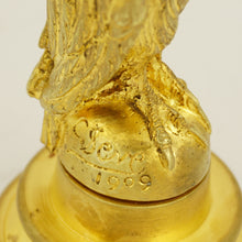 Load image into Gallery viewer, Antique French Gilt Bronze Owl Wax Seal Desk Stamp, with Stand Holder, Signed &amp; Dated 1909
