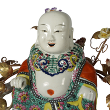 Load image into Gallery viewer, French Chinoiserie Bronze Boudoir Lamp Famille Rose Porcelain Buddha, Hand Painted Flowers
