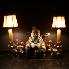 Load image into Gallery viewer, French Chinoiserie Bronze Boudoir Lamp Famille Rose Porcelain Buddha, Hand Painted Flowers

