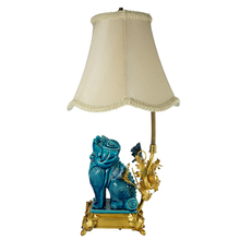 Load image into Gallery viewer, French Chinoiserie Gilt Bronze Lamp Porcelain Foo Dog Turquoise Blue Glaze
