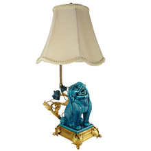 Load image into Gallery viewer, French Chinoiserie Gilt Bronze Lamp Porcelain Foo Dog Turquoise Blue Glaze
