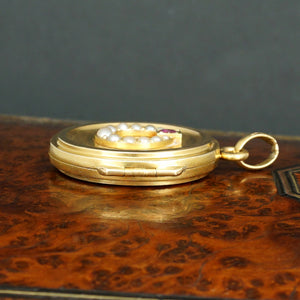 Antique French 18K Gold Locket Pendant, Seed Pearls & Ruby Horseshoe