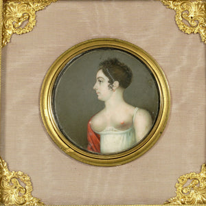 Antique French Miniature Portrait Painting, Dore Bronze Frame