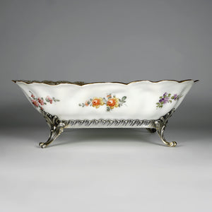 Antique French Sterling Silver & Continental Porcelain Bowl Hand Painted Flowers Gilt Scalloped Rim