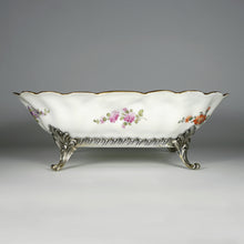 Load image into Gallery viewer, Antique French Sterling Silver &amp; Continental Porcelain Bowl Hand Painted Flowers Gilt Scalloped Rim
