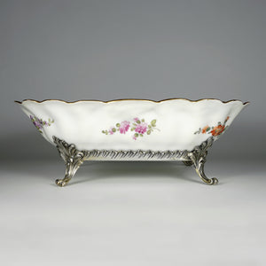 Antique French Sterling Silver & Continental Porcelain Bowl Hand Painted Flowers Gilt Scalloped Rim