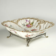 Load image into Gallery viewer, Antique French Sterling Silver &amp; Continental Porcelain Bowl Hand Painted Flowers Gilt Scalloped Rim
