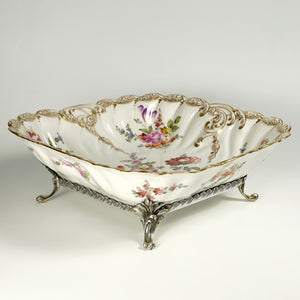 Antique French Sterling Silver & Continental Porcelain Bowl Hand Painted Flowers Gilt Scalloped Rim