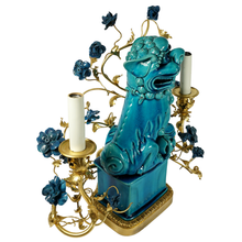 Load image into Gallery viewer, French Chinoiserie Gilt Bronze Lamp Porcelain Foo Dog Turquoise Blue Glaze
