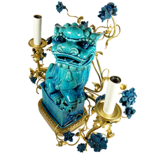Load image into Gallery viewer, French Chinoiserie Gilt Bronze Lamp Porcelain Foo Dog Turquoise Blue Glaze
