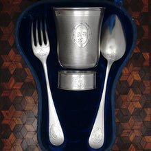 Load image into Gallery viewer, Antique French Sterling Silver 4pc Flatware, Tumbler Cup, Napkin Ring, Boxed Gift Set
