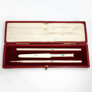 Edwardian Sterling Silver Writing Set by William Hornby, Turquoise Cabochons, Retailed by Kendall & Co PARIS