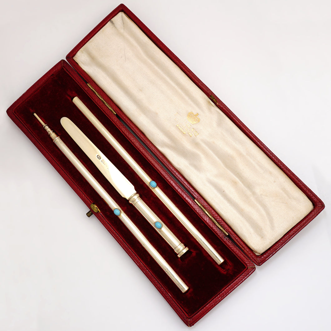 Edwardian Sterling Silver Writing Set by William Hornby, Turquoise Cabochons, Retailed by Kendall & Co PARIS