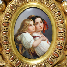 Load image into Gallery viewer, Antique German Hand Painted Porcelain Portrait Plaque, Mother &amp; Daughter, Ornate Gilt Frame
