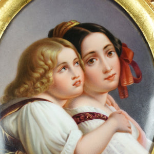 Antique German Hand Painted Porcelain Portrait Plaque, Mother & Daughter, Ornate Gilt Frame