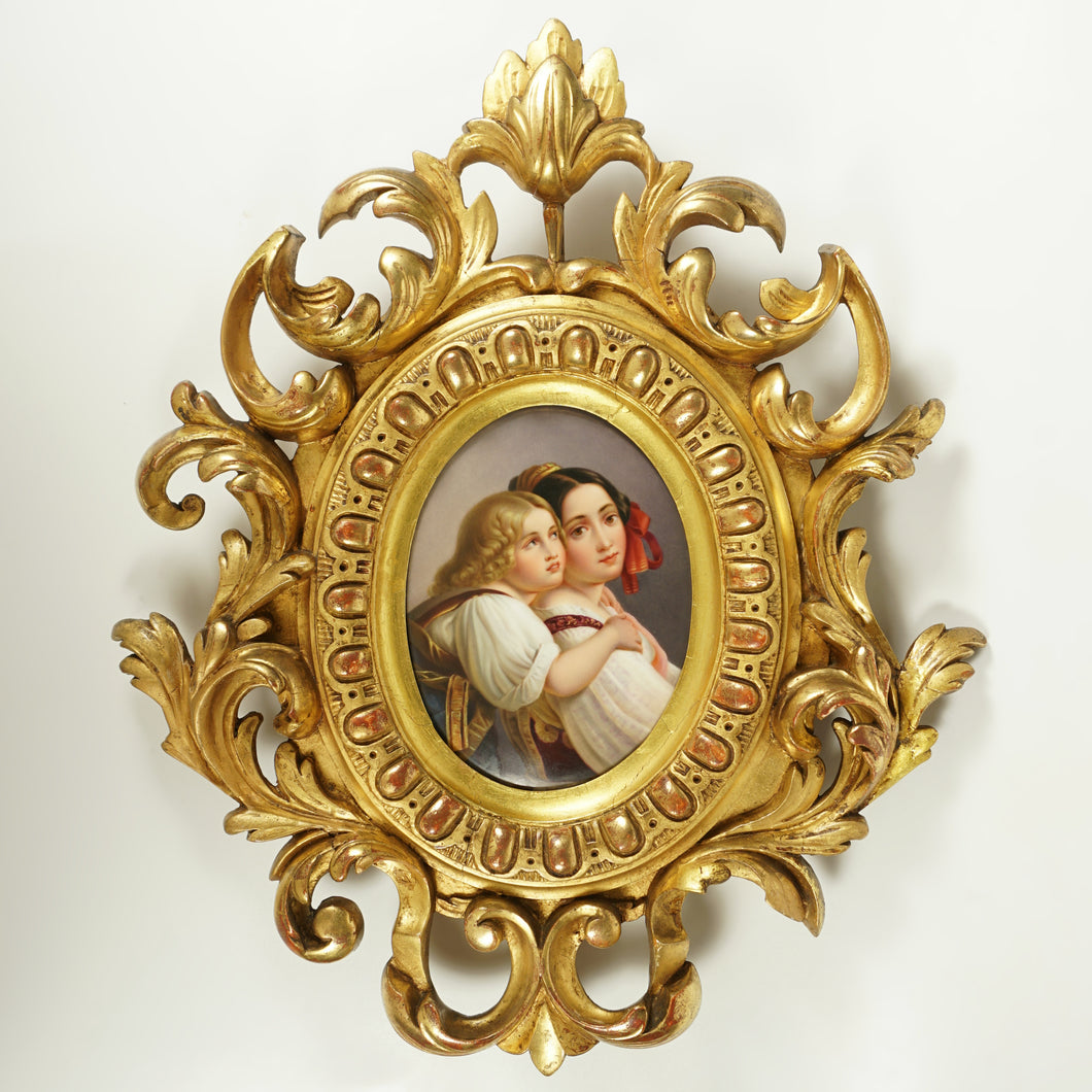 Antique German Hand Painted Porcelain Portrait Plaque, Mother & Daughter, Ornate Gilt Frame
