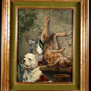 French Still Life Painting Staffy Dog Portrait & Hare, Duck Hunting Trophy, Edouard Auguste Ragu (1847-1923)
