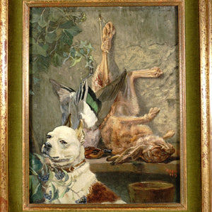 French Still Life Painting Staffy Dog Portrait & Hare, Duck Hunting Trophy, Edouard Auguste Ragu (1847-1923)