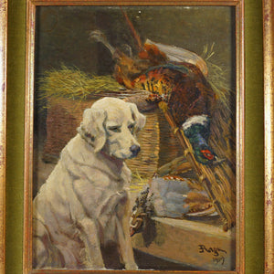 French Still Life Painting Labrador Dog Portrait & Pheasant Hunting Trophy, Edouard Auguste Ragu (1847-1923)