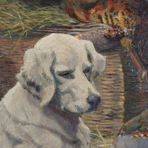 French Still Life Painting Labrador Dog Portrait & Pheasant Hunting Trophy, Edouard Auguste Ragu (1847-1923)