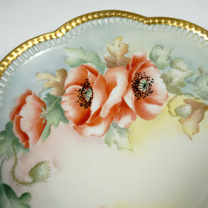 Vintage German Hand Painted Porcelain Plate, Signed, Poppy Flowers, Gold Encrusted Pierced Rim