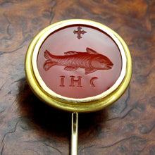 Load image into Gallery viewer, 14K Gold Carnelian Intaglio Stick Pin, Ichthys Fish Jesus Christ, Religious Symbolism
