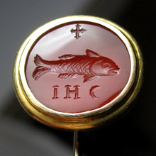 Load image into Gallery viewer, 14K Gold Carnelian Intaglio Stick Pin, Ichthys Fish Jesus Christ, Religious Symbolism
