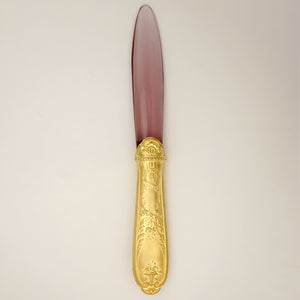 Antique French Letter Opener, Purple Glass, Ormolu Handle