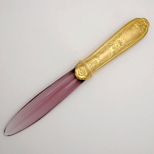 Antique French Letter Opener, Purple Glass, Ormolu Handle