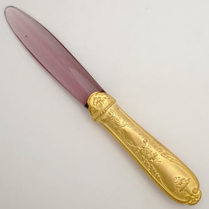 Antique French Letter Opener, Purple Glass, Ormolu Handle