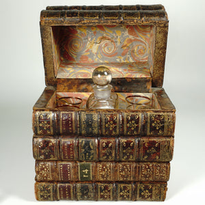 Antique French Trompe l’Oeil Books Liquor Caddy Tantalus Box, Decanter & Shot Glasses Secret Hidden Mini Bar