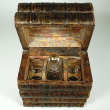 Load image into Gallery viewer, Antique French Trompe l’Oeil Books Liquor Caddy Tantalus Box, Decanter &amp; Shot Glasses Secret Hidden Mini Bar
