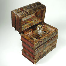 Load image into Gallery viewer, Antique French Trompe l’Oeil Books Liquor Caddy Tantalus Box, Decanter &amp; Shot Glasses Secret Hidden Mini Bar
