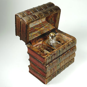 Antique French Trompe l’Oeil Books Liquor Caddy Tantalus Box, Decanter & Shot Glasses Secret Hidden Mini Bar