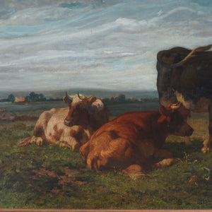 Antique Belgian Oil Painting of Cows in Pasture by Louis Robbe (1806-1877)