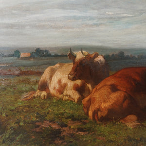 Antique Belgian Oil Painting of Cows in Pasture by Louis Robbe (1806-1877)
