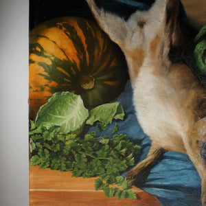 Antique Oil on Canvas German Still Life Painting Rabbit & Vegetables, 1890