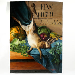 Antique Oil on Canvas German Still Life Painting Rabbit & Vegetables, 1890