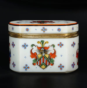 Antique Bohemian Opaline Glass Box Armorial Hand Painted Coat of Arms