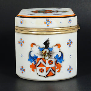 Antique Bohemian Opaline Glass Box Armorial Hand Painted Coat of Arms