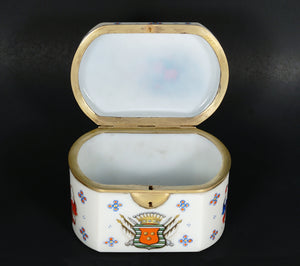 Antique Bohemian Opaline Glass Box Armorial Hand Painted Coat of Arms