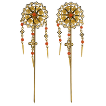 Load image into Gallery viewer, Victorian Etruscan Revival Hair Combs Coral and Black Enamel Hair Pins, Ornaments

