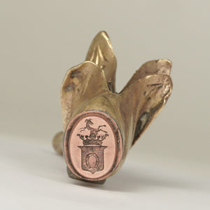 Antique Armorial Wax Seal Desk Stamp, Bronze or Brass Figural Hand & Pistol, Polish Coat of Arms Familial Crest Matrix