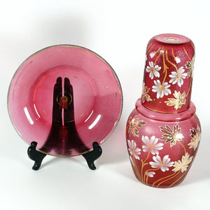 Victorian Cranberry Glass Enamel Carafe Set, Bedside Decanter, Tumble Up, Cup & Saucer